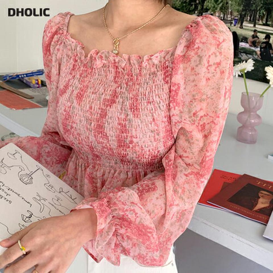 【スーパーセール特価】2WAY花柄シャーリングブラウス・全3色・t00211 レディース 【bl】ブラウス トップス 長袖 花柄 シャーリング パフスリーブ オフショル デコルテ 鎖骨 フリル ピンク 華やか シアー 透け感 クロップド丈 春 夏 ガーリー 韓国ファッション