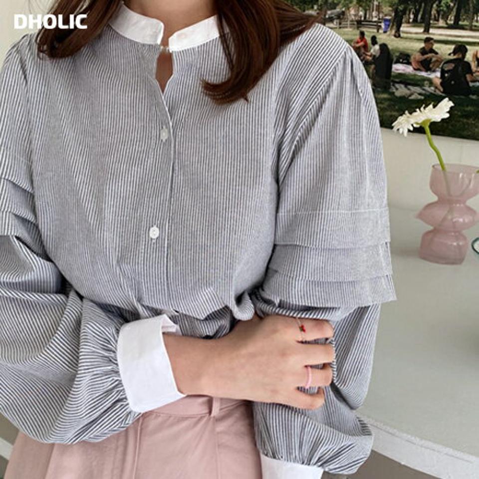 バンドカラーストライプシャツ・全2色・b00210 レディース 【bl】トップス シャツ ストライブ柄 細 ギャザー ゆとり ゆったり バンドカラー 大人 袖コン ボリューム袖 タック 長袖 春 秋 冬 スタイリッシュ きれいめ 韓国ファッション