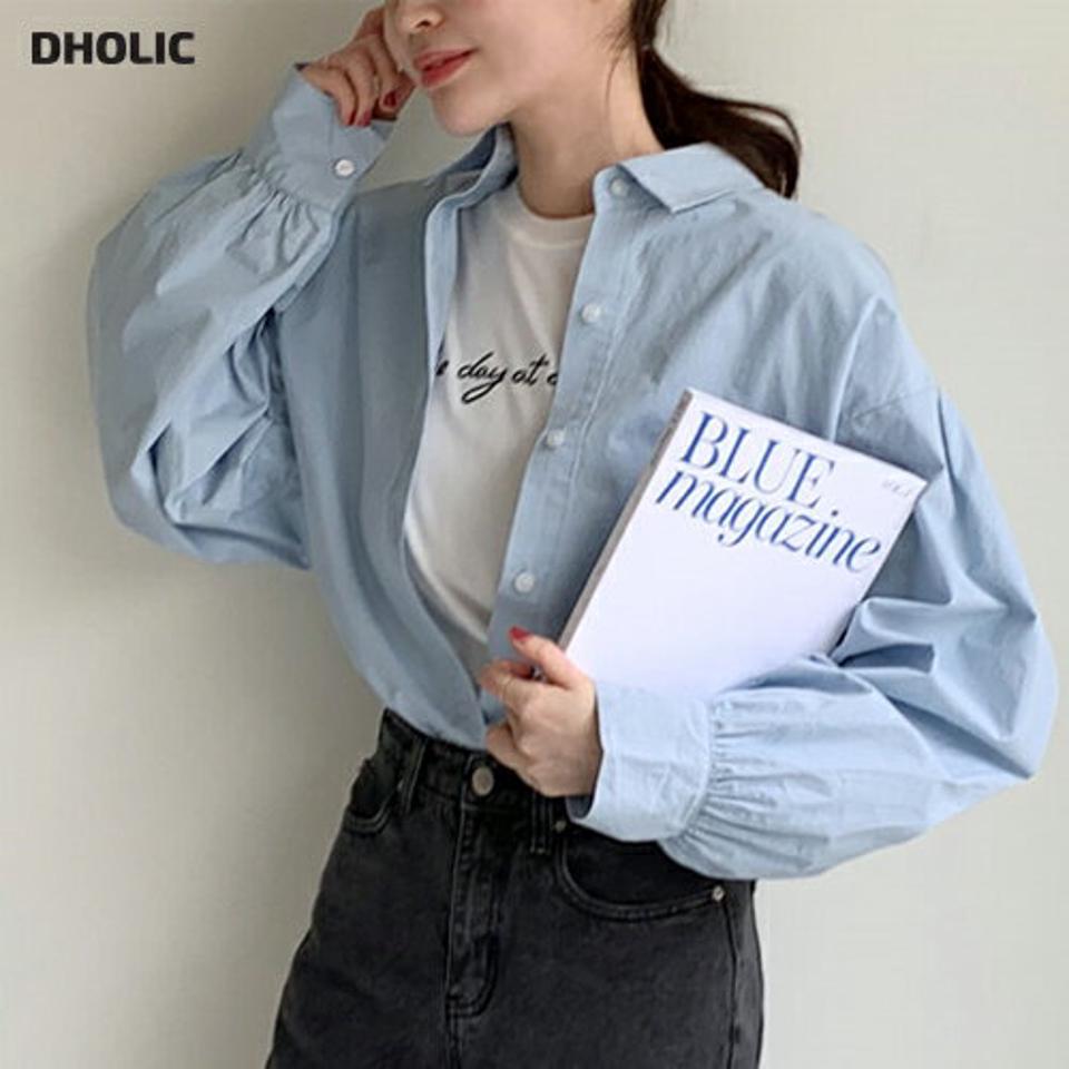 パフスリーブラウンドヘムシャツ・全4色・b00209 レディース 【bl】トップス シャツ 長袖 パステル パフ袖 水色 イエロー 爽やか パフスリーブ ルーズ 肩落ち ゆったり スリット 春 秋 冬 かわいい カジュアル シンプル スクールガール 韓国ファッション