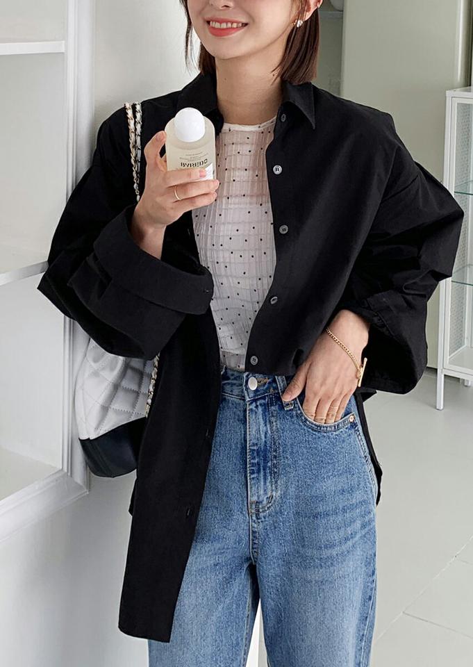 パフスリーブラウンドヘムシャツ・全4色・b00209 レディース 【bl】トップス シャツ 長袖 パステル パフ袖 水色 イエロー 爽やか パフスリーブ ルーズ 肩落ち ゆったり スリット 春 秋 冬 かわいい カジュアル シンプル スクールガール 韓国ファッション