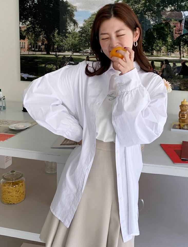 パフスリーブラウンドヘムシャツ・全4色・b00209 レディース 【bl】トップス シャツ 長袖 パステル パフ袖 水色 イエロー 爽やか パフスリーブ ルーズ 肩落ち ゆったり スリット 春 秋 冬 かわいい カジュアル シンプル スクールガール 韓国ファッション