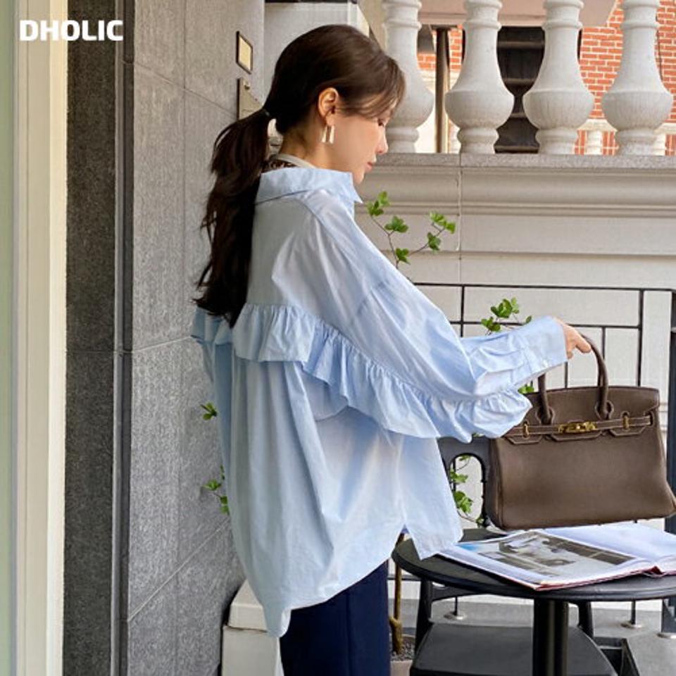 フリルルーズフィットシャツ・全5色・b71812 レディース 【bl】トップス シャツ 長袖 フリル 袖コン ルーズ ゆったり かわいい 可愛い 大人 ユニーク タック カラーアイテム パステル 水色 春 秋 韓国ファッション ハイホリHIHOLLI