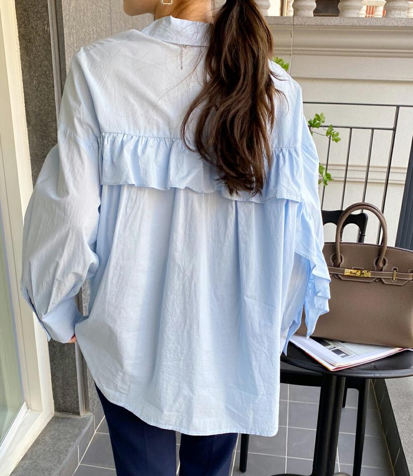 フリルルーズフィットシャツ・全5色・b71812 レディース 【bl】トップス シャツ 長袖 フリル 袖コン ルーズ ゆったり かわいい 可愛い 大人 ユニーク タック カラーアイテム パステル 水色 春 秋 韓国ファッション ハイホリHIHOLLI