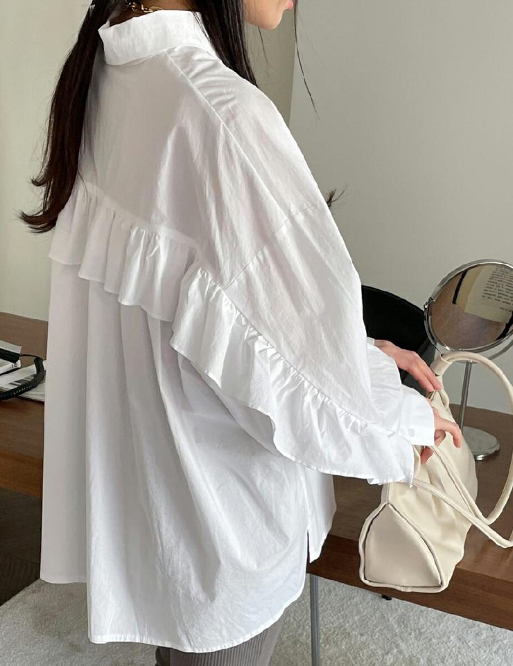 フリルルーズフィットシャツ・全5色・b71812 レディース 【bl】トップス シャツ 長袖 フリル 袖コン ルーズ ゆったり かわいい 可愛い 大人 ユニーク タック カラーアイテム パステル 水色 春 秋 韓国ファッション ハイホリHIHOLLI