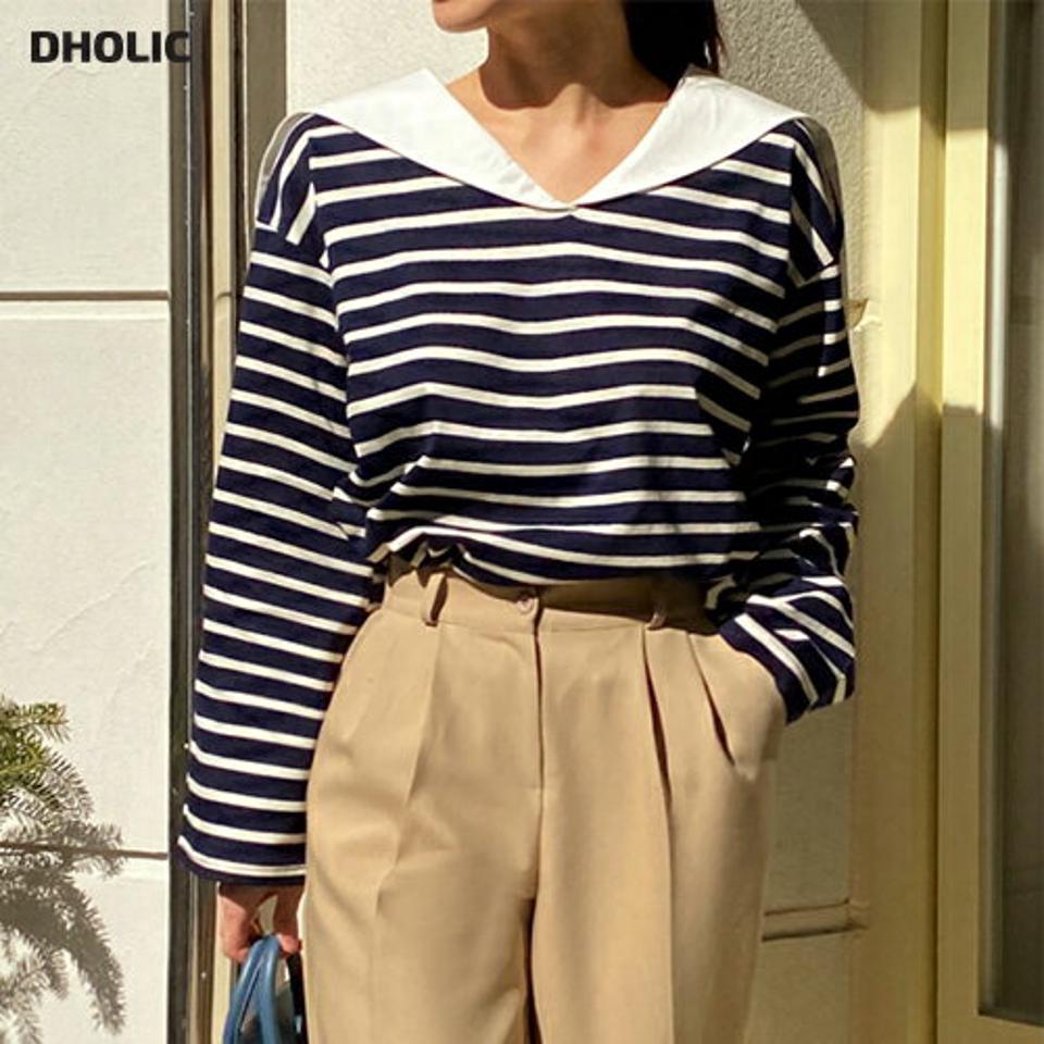 セーラーカラーボーダーTシャツ・全2色・t71836 レディース 【tops】トップス Tシャツ 長袖 ボーダー柄 セーラーカラー 襟コン カジュル 大人 かわいい Vネック ドロップショルダー 春 秋 冬 韓国ファッション ハイホリHIHOLLI
