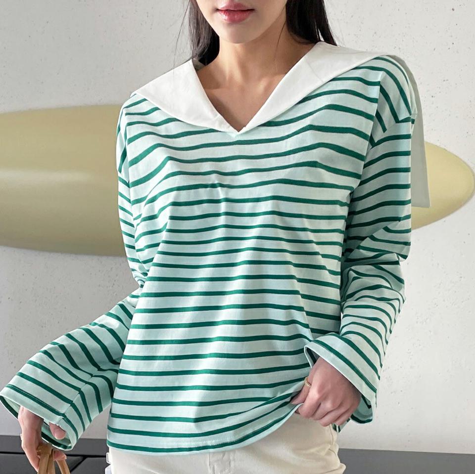 セーラーカラーボーダーTシャツ・全2色・t71836 レディース 【tops】トップス Tシャツ 長袖 ボーダー柄 セーラーカラー 襟コン カジュル 大人 かわいい Vネック ドロップショルダー 春 秋 冬 韓国ファッション ハイホリHIHOLLI