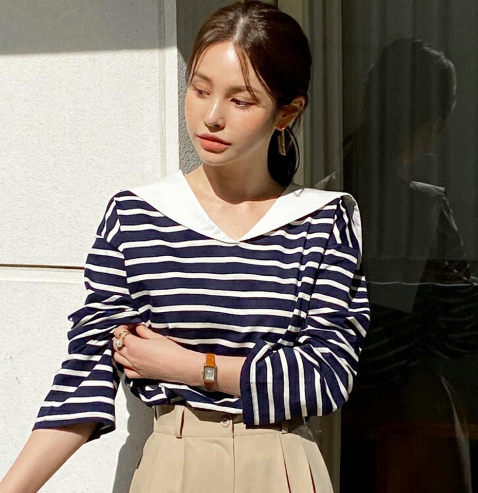 セーラーカラーボーダーTシャツ・全2色・t71836 レディース 【tops】トップス Tシャツ 長袖 ボーダー柄 セーラーカラー 襟コン カジュル 大人 かわいい Vネック ドロップショルダー 春 秋 冬 韓国ファッション ハイホリHIHOLLI