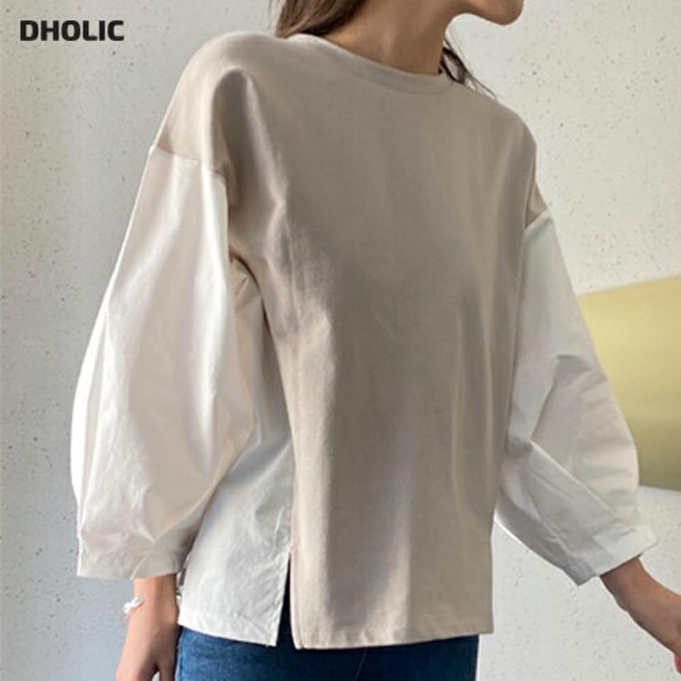 コットン配色Tシャツ・全4色・t71835 レディース 【tops】トップス Tシャツ 配色 綿 コットン カジュアル ラウンドネック スリット 体型カバー ドロップショルダー ラフ 春 秋 韓国ファッション ハイホリHIHOLLI