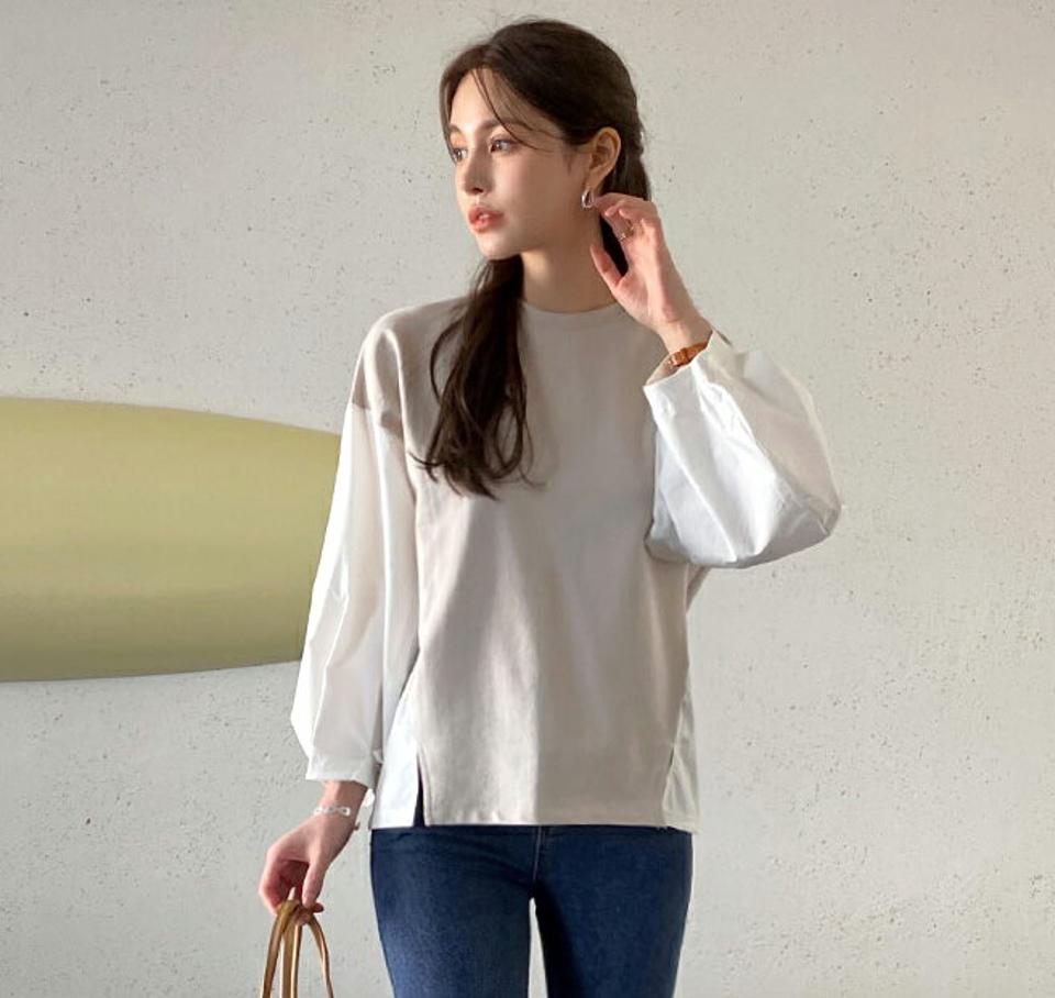 コットン配色Tシャツ・全4色・t71835 レディース 【tops】トップス Tシャツ 配色 綿 コットン カジュアル ラウンドネック スリット 体型カバー ドロップショルダー ラフ 春 秋 韓国ファッション ハイホリHIHOLLI