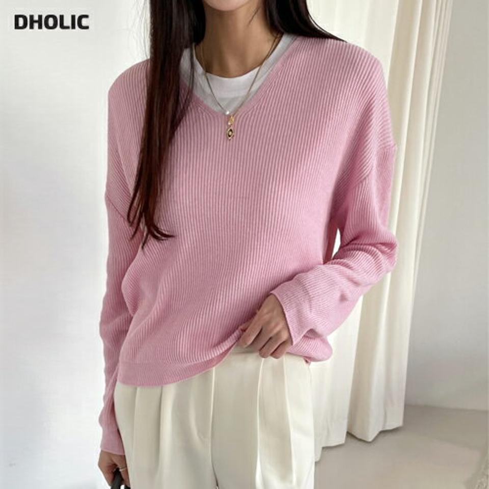 Vネックルーズニット・全5色・t71806 レディース 【tops】トップス ニット 長袖 ニットトップス ルーズ ゆったり Vネック 単色 無地 シンプル ベーシック リブニット カジュアル ラフ カラーニット 春 秋 韓国ファッション ハイホリHIHOLLI