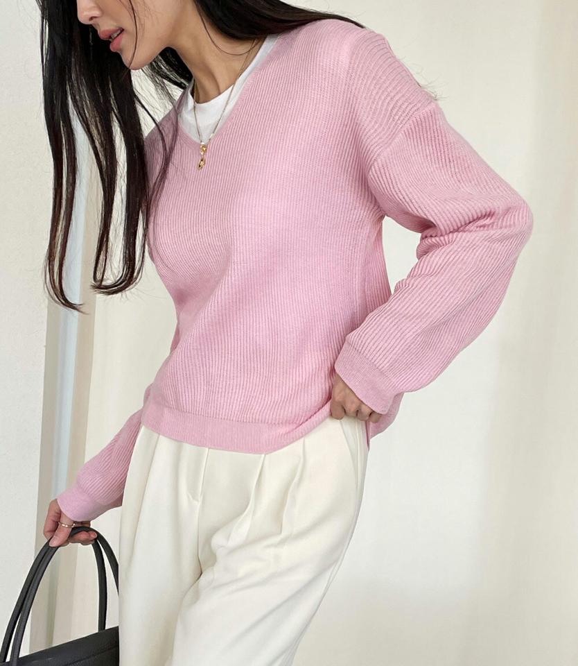 Vネックルーズニット・全5色・t71806 レディース 【tops】トップス ニット 長袖 ニットトップス ルーズ ゆったり Vネック 単色 無地 シンプル ベーシック リブニット カジュアル ラフ カラーニット 春 秋 韓国ファッション ハイホリHIHOLLI