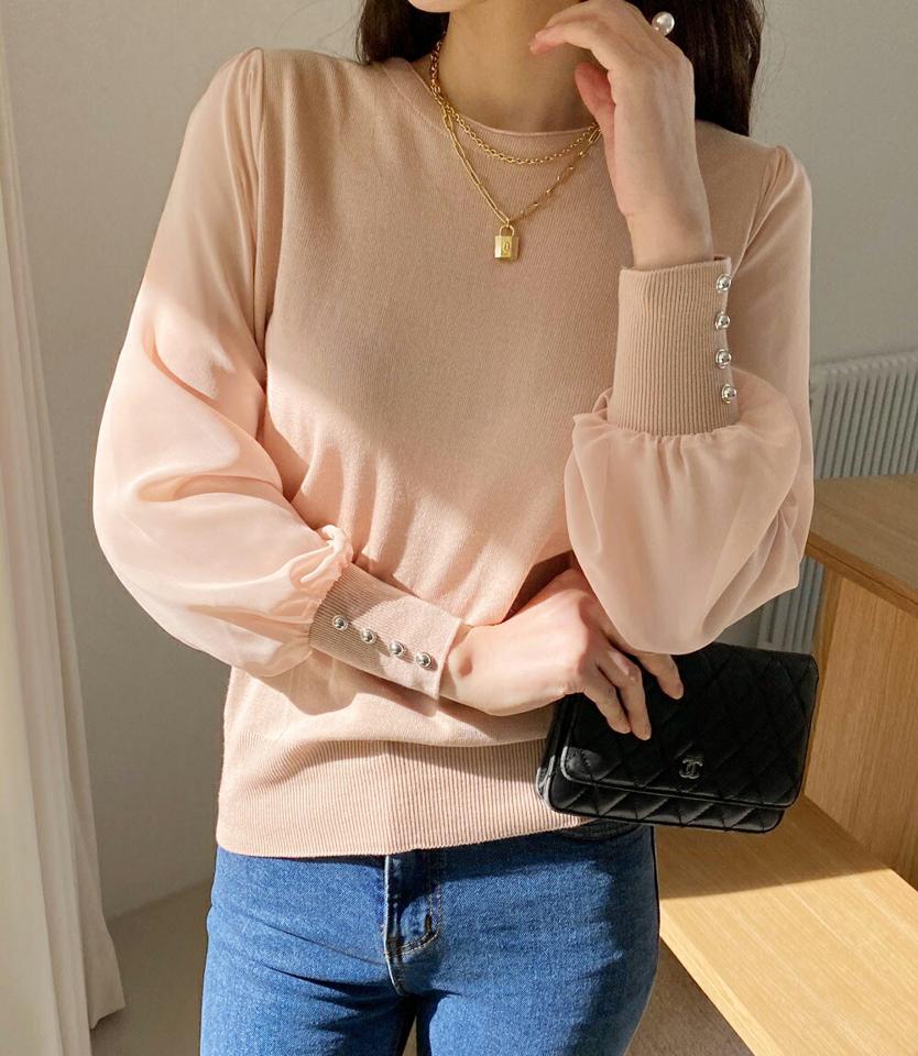 シフォンラウンドニット・全5色・b71803 レディース 【tops】トップス ニット長袖 シフォン 袖コン フェミニン パールボタン 大人 ラウンドネック きれいめ かわいい カラーニット 春 秋 冬 韓国ファッション ハイホリHIHOLLI