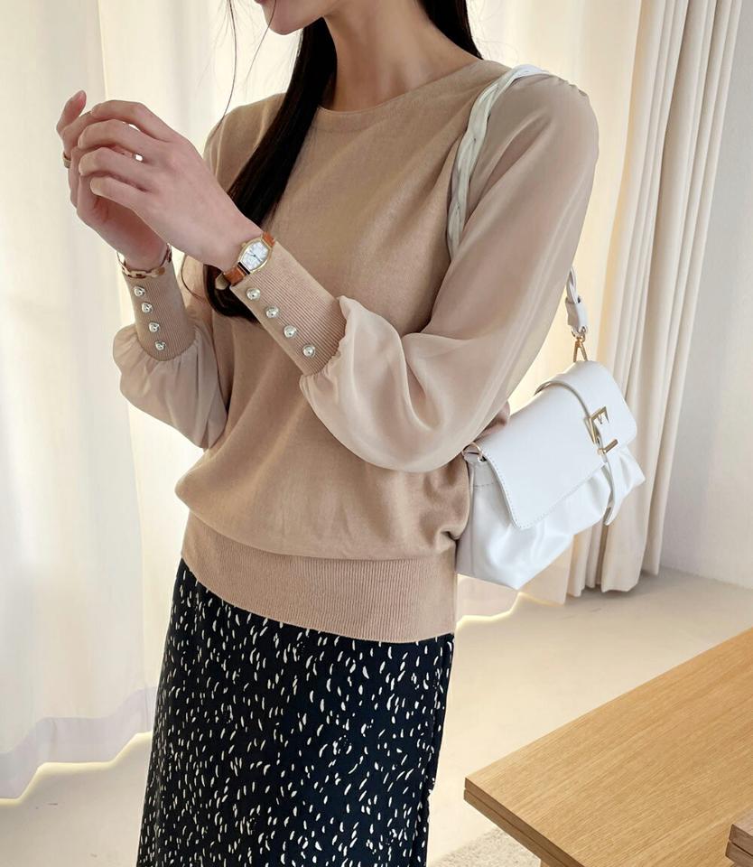 シフォンラウンドニット・全5色・b71803 レディース 【tops】トップス ニット長袖 シフォン 袖コン フェミニン パールボタン 大人 ラウンドネック きれいめ かわいい カラーニット 春 秋 冬 韓国ファッション ハイホリHIHOLLI