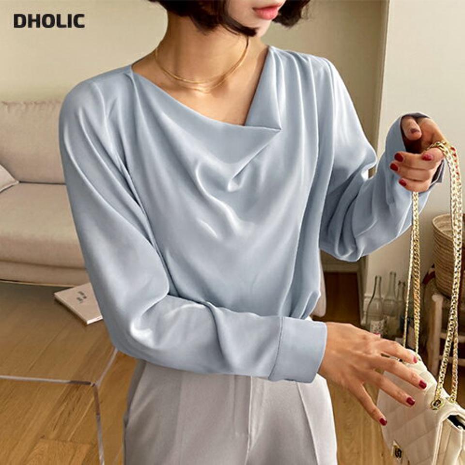 ドレープネックブラウス・全4色・b66185 レディース 【bl】韓国ファッション トップス ブラウス 長袖 ドレープネック ボーダー カフス ボタン 無地 シンプル カジュアル 水色 フェミニン ガーリー 春 秋 冬