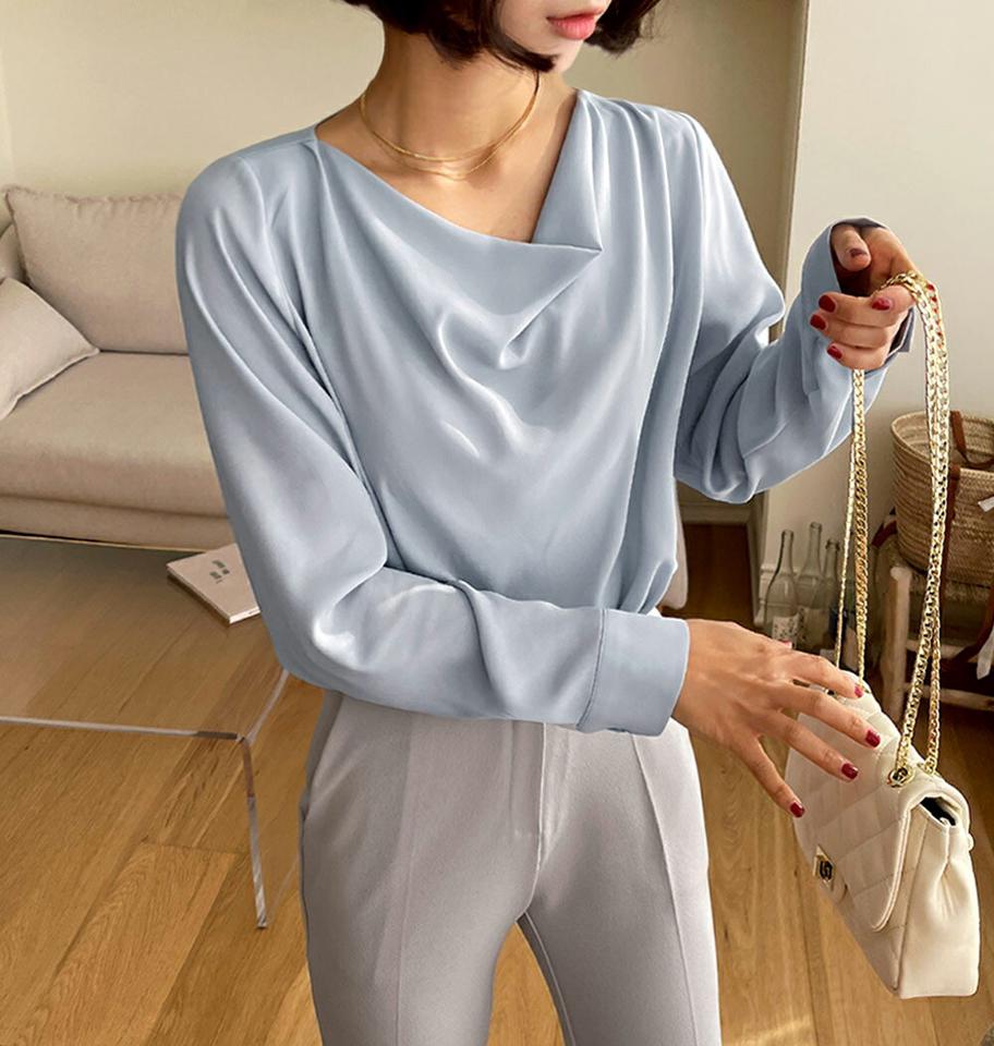 ドレープネックブラウス・全4色・b66185 レディース 【bl】韓国ファッション トップス ブラウス 長袖 ドレープネック ボーダー カフス ボタン 無地 シンプル カジュアル 水色 フェミニン ガーリー 春 秋 冬