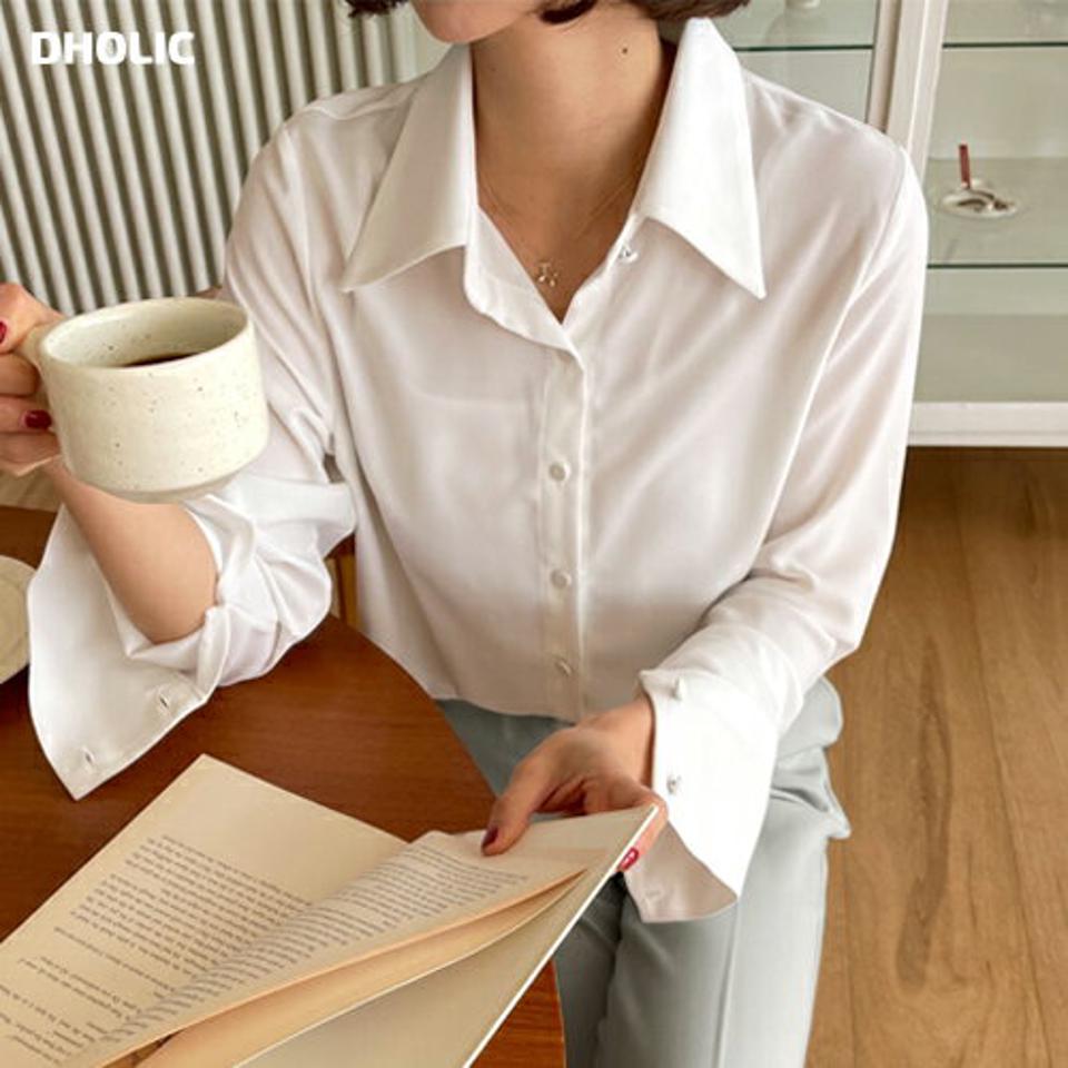 くるみボタンカラーネックシャツ・全4色・b66186 レディース 【bl】韓国ファッション トップス シャツ 長袖 カラーネック くるみボタン 無地 ベーシック シンプル ルーズ カジュアル フェミニン 体型カバー ガーリー 春 秋 冬