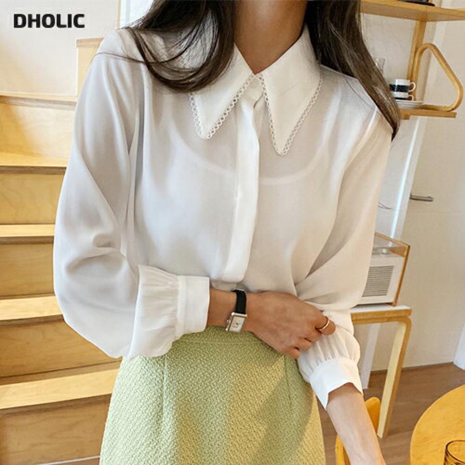 カラーパンチングブラウス・全2色・t65374 レディース 【bl】韓国ファッション トップス ブラウス 長袖 カラーネック パンチング 襟コンシャス ボタン 無地 シンプル カジュアル フェミニン ガーリー 春 秋 冬