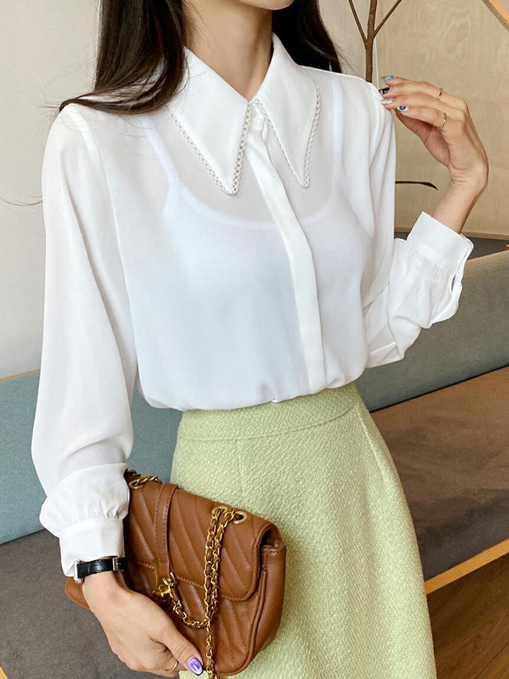 カラーパンチングブラウス・全2色・t65374 レディース 【bl】韓国ファッション トップス ブラウス 長袖 カラーネック パンチング 襟コンシャス ボタン 無地 シンプル カジュアル フェミニン ガーリー 春 秋 冬