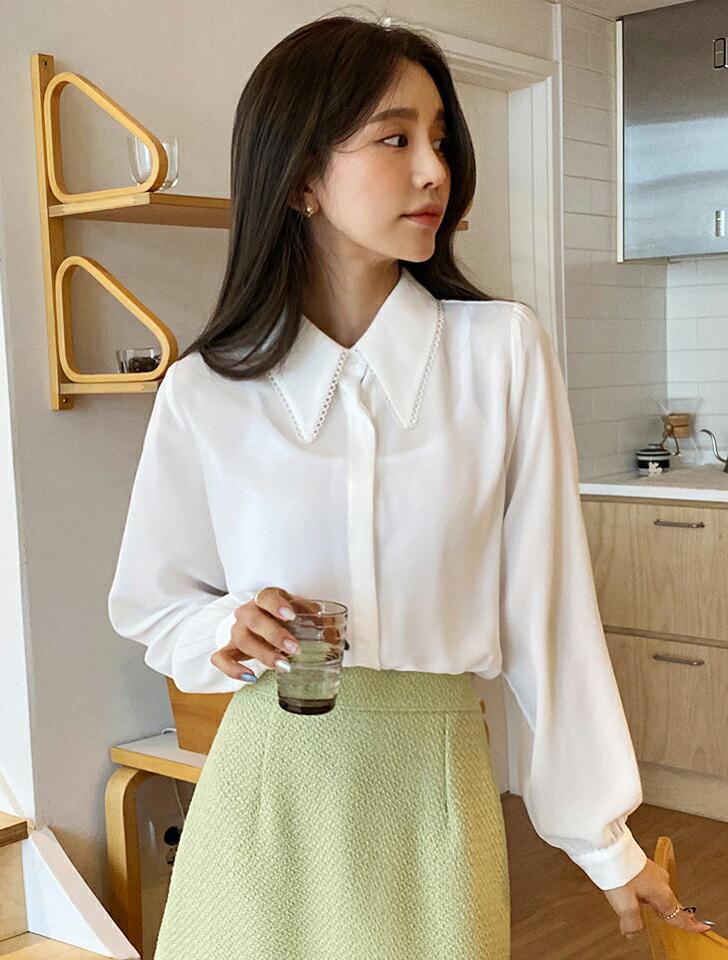 カラーパンチングブラウス・全2色・t65374 レディース 【bl】韓国ファッション トップス ブラウス 長袖 カラーネック パンチング 襟コンシャス ボタン 無地 シンプル カジュアル フェミニン ガーリー 春 秋 冬