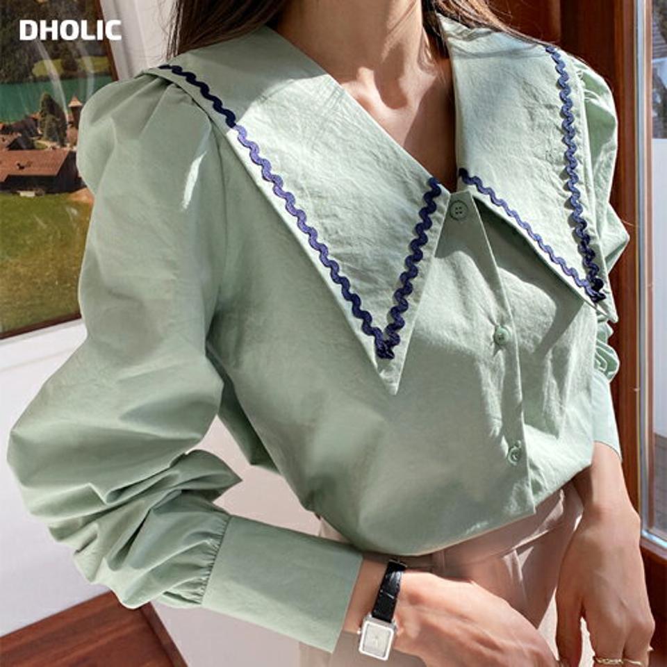 ≪人気商品再入荷≫配色ビッグカラーボタンブラウス・全3色・b65371 レディース 【bl】韓国ファッション トップス ブラウス 長袖 カラーネック 襟コンシャス ボタン パフスリーブ 配色 ビッグカラー ボリュームスリーブ シンプル カジュアル フェミニン ガーリー 春 秋 冬