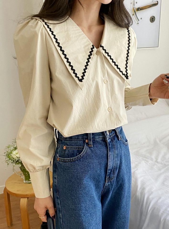 ≪人気商品再入荷≫配色ビッグカラーボタンブラウス・全3色・b65371 レディース 【bl】韓国ファッション トップス ブラウス 長袖 カラーネック 襟コンシャス ボタン パフスリーブ 配色 ビッグカラー ボリュームスリーブ シンプル カジュアル フェミニン ガーリー 春 秋 冬