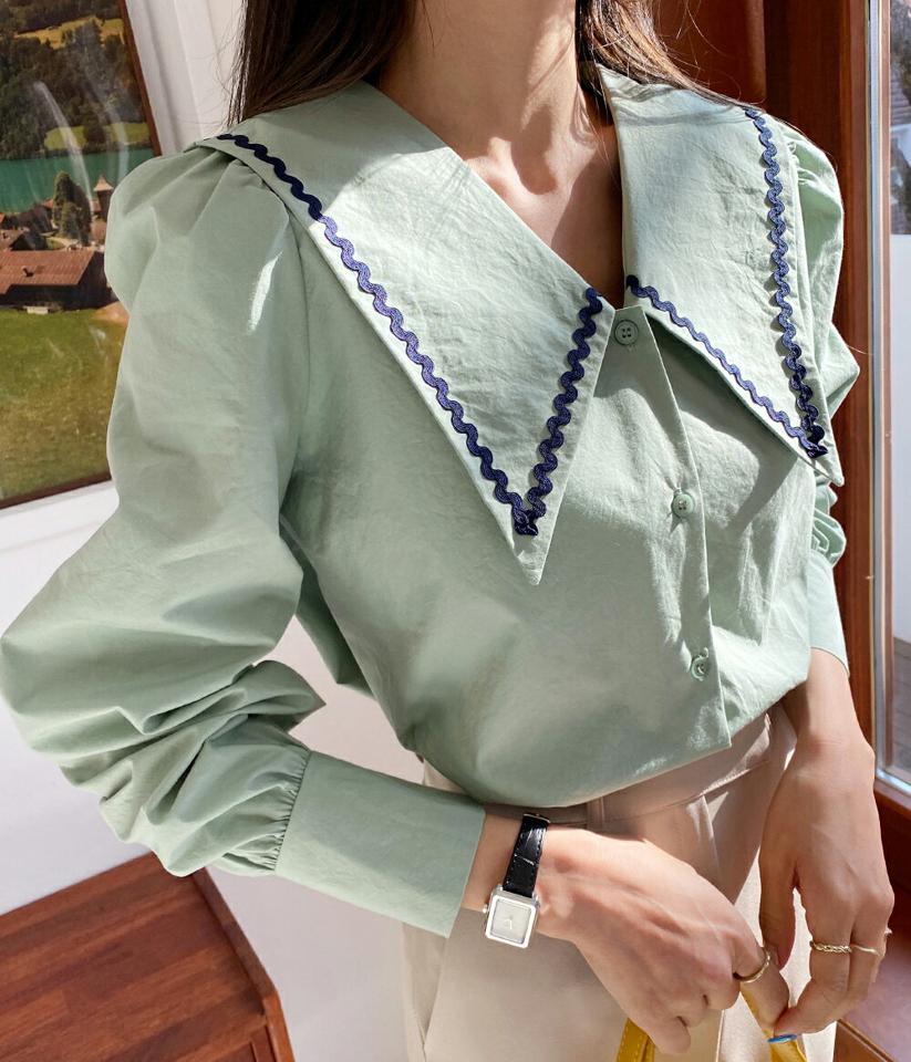 ≪人気商品再入荷≫配色ビッグカラーボタンブラウス・全3色・b65371 レディース 【bl】韓国ファッション トップス ブラウス 長袖 カラーネック 襟コンシャス ボタン パフスリーブ 配色 ビッグカラー ボリュームスリーブ シンプル カジュアル フェミニン ガーリー 春 秋 冬