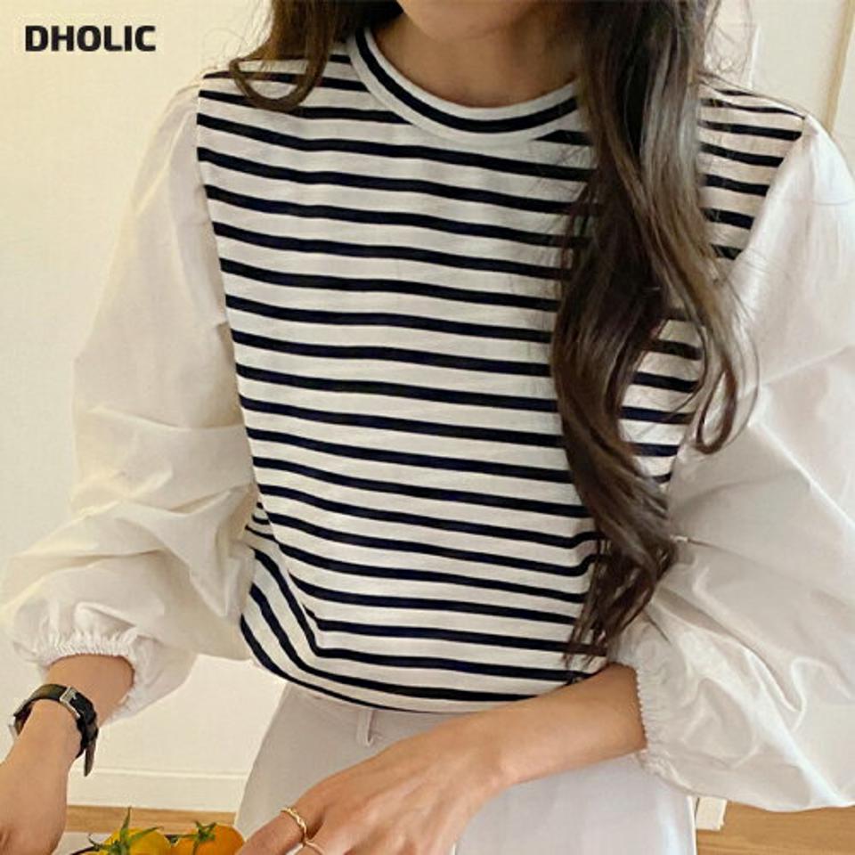 ボーダー配色ブラウス・全2色・b65372 レディース 【bl】韓国ファッション トップス ブラウス 長袖 ラウンドネック ボーダー配色 パフスリーブ シンプル カジュアル フェミニン ガーリー 春 秋 冬