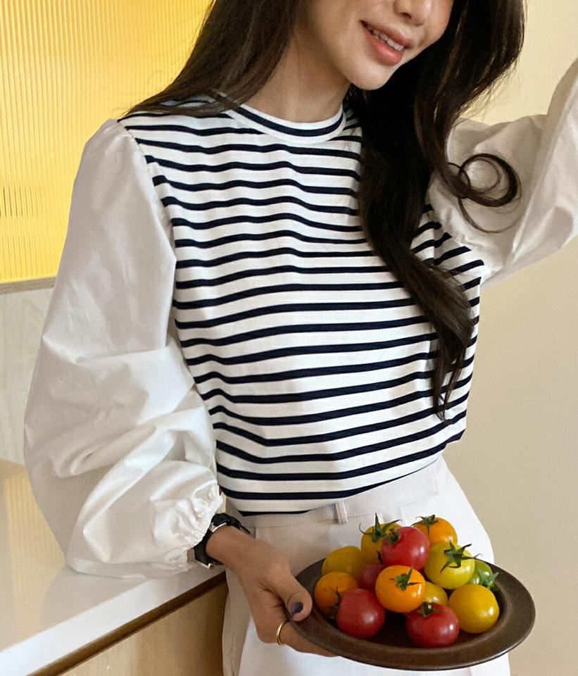 ボーダー配色ブラウス・全2色・b65372 レディース 【bl】韓国ファッション トップス ブラウス 長袖 ラウンドネック ボーダー配色 パフスリーブ シンプル カジュアル フェミニン ガーリー 春 秋 冬