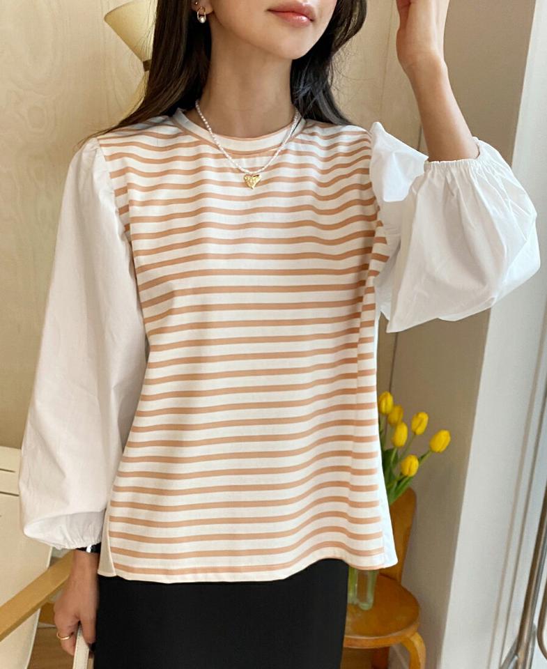 ボーダー配色ブラウス・全2色・b65372 レディース 【bl】韓国ファッション トップス ブラウス 長袖 ラウンドネック ボーダー配色 パフスリーブ シンプル カジュアル フェミニン ガーリー 春 秋 冬