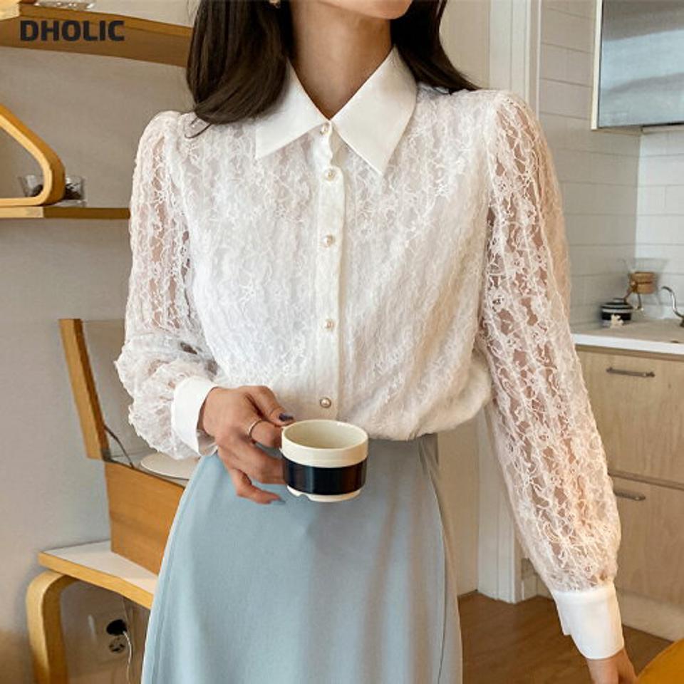 パール調ボタンレースブラウス・全2色・b65373 レディース 【bl】韓国ファッション トップス ブラウス 長袖 カラーネック パール調 ボタン 花柄 フラワー レース シンプル カジュアル フェミニン 学校行事 オフィスカジュアル ガーリー 春 秋 冬