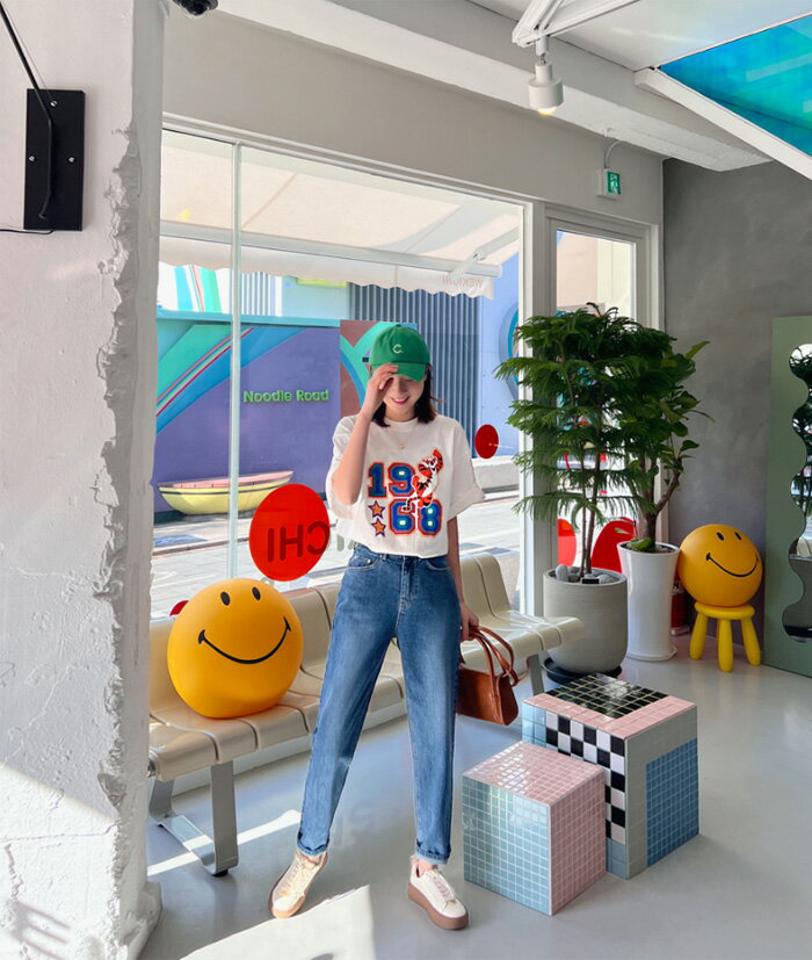 mayblue(メイブルー)1968Tシャツ【3/1up_ka】【メール便】韓国 韓国ファッション　レディース トップス Tシャツ 半袖 フロントプリント かわいい 大人 カジュアル らくちん 着回しレディース ファッション【7】 母の日