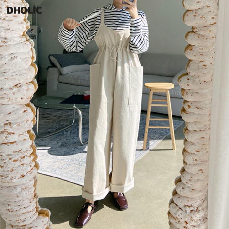 ストリングポケットオールインワン・全2色・t02111 レディース 【pt】オールインワン パンツ ロング スリーブレス ポケット ワイド 無地 単色 シンプル 春 夏 秋 冬 ゆったり 体型カバー ラフ 綿 コットン Uネック ストレート カジュアル 韓国ファッション