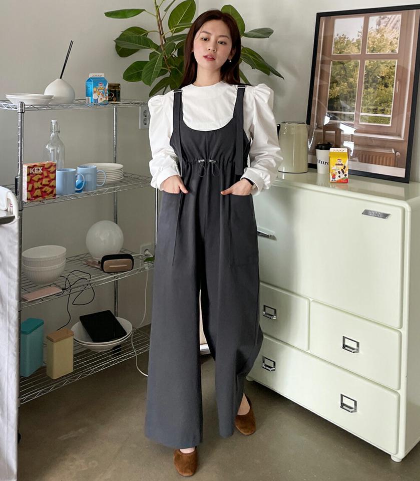 ストリングポケットオールインワン・全2色・t02111 レディース 【pt】オールインワン パンツ ロング スリーブレス ポケット ワイド 無地 単色 シンプル 春 夏 秋 冬 ゆったり 体型カバー ラフ 綿 コットン Uネック ストレート カジュアル 韓国ファッション