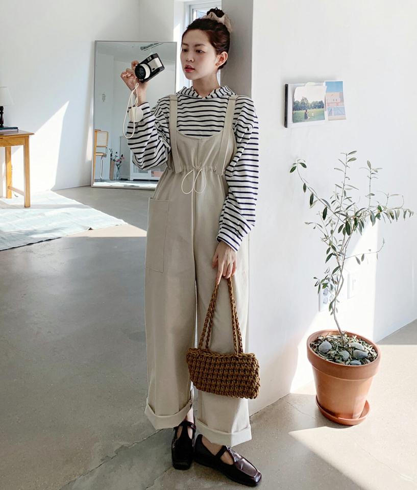 ストリングポケットオールインワン・全2色・t02111 レディース 【pt】オールインワン パンツ ロング スリーブレス ポケット ワイド 無地 単色 シンプル 春 夏 秋 冬 ゆったり 体型カバー ラフ 綿 コットン Uネック ストレート カジュアル 韓国ファッション