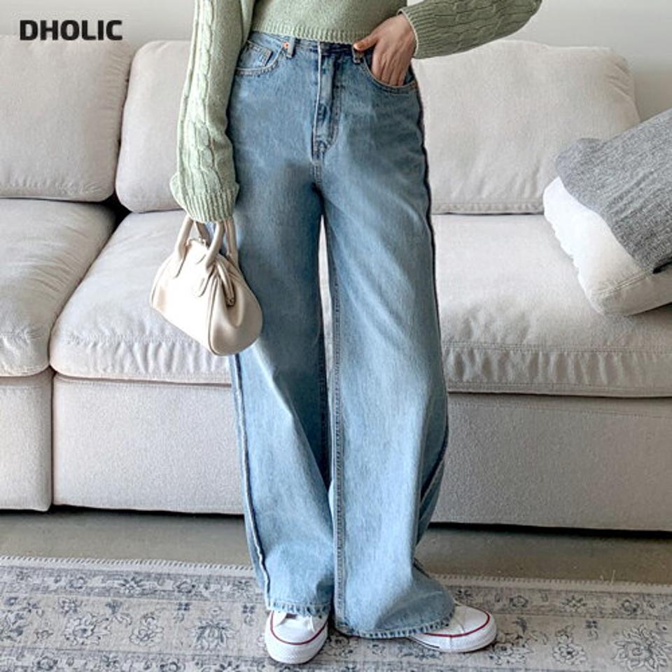 アウトステッチワイドデニムパンツ・全1色・t02118 レディース 【pt】パンツ ロング ワイド アウトステッチ デニム 柄 ブルー 春 夏 秋 冬 オールシーズン ビンテージ風 ハイウエスト カジュアル 韓国ファッション