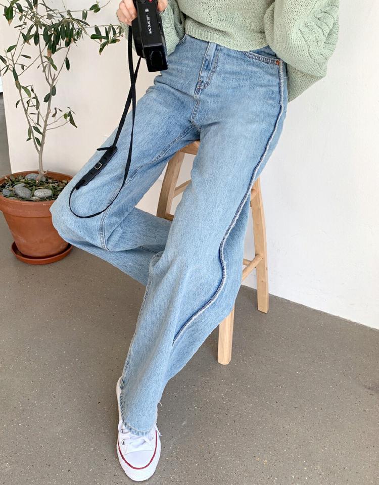 アウトステッチワイドデニムパンツ・全1色・t02118 レディース 【pt】パンツ ロング ワイド アウトステッチ デニム 柄 ブルー 春 夏 秋 冬 オールシーズン ビンテージ風 ハイウエスト カジュアル 韓国ファッション