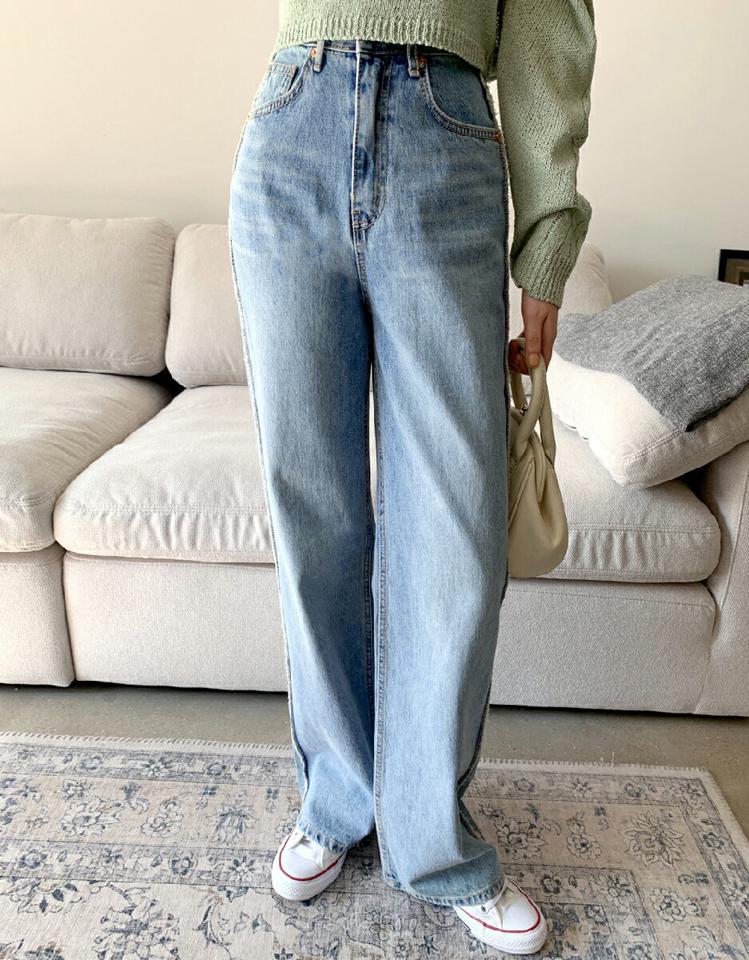 アウトステッチワイドデニムパンツ・全1色・t02118 レディース 【pt】パンツ ロング ワイド アウトステッチ デニム 柄 ブルー 春 夏 秋 冬 オールシーズン ビンテージ風 ハイウエスト カジュアル 韓国ファッション