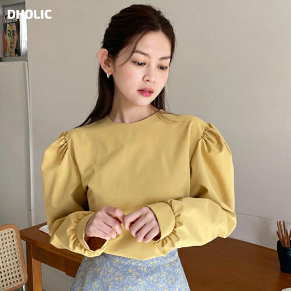 ラウンドパフブラウス・全3色・t02101 レディース 【bl】トップス ブラウス 長袖 パフスリーブ パフ袖 単色 シンプル 無地 イエロー マスタード ホワイト 白 黄色 かわいい 可愛い カジュアル フェミニン 韓国ファッション