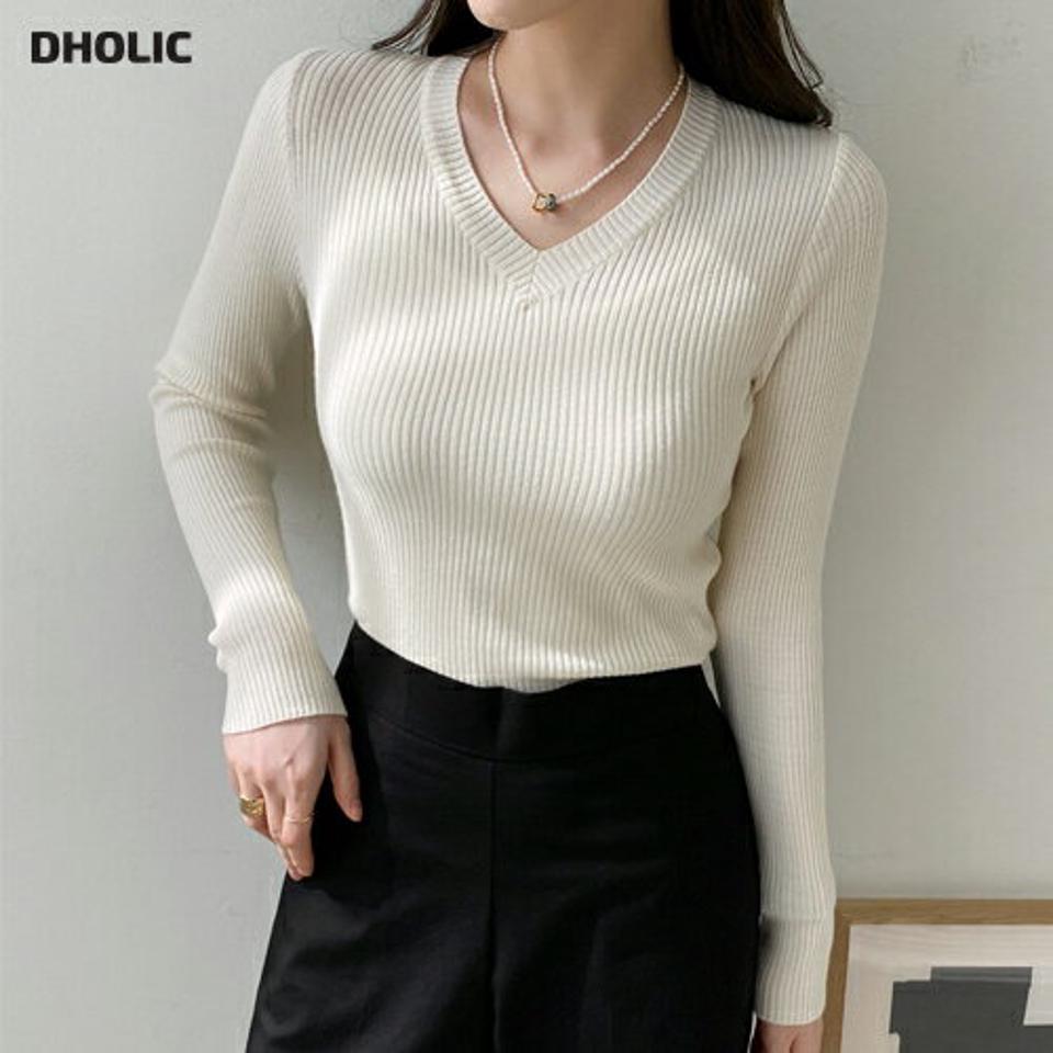 Vネックリブニット・全5色・t00219 レディース 【tops】トップス 長袖 ニット Vネック リブ 鎖骨 デコルテ シンプルニット 春 秋 冬 単色 無地 シンプル リブニット ベーシック オフィスカジュアル パステル きれいめ 韓国ファッション ハイホリHIHOLLI