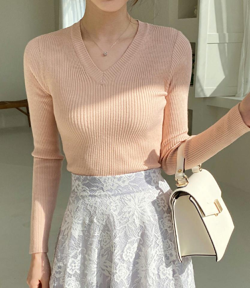 Vネックリブニット・全5色・t00219 レディース 【tops】トップス 長袖 ニット Vネック リブ 鎖骨 デコルテ シンプルニット 春 秋 冬 単色 無地 シンプル リブニット ベーシック オフィスカジュアル パステル きれいめ 韓国ファッション ハイホリHIHOLLI