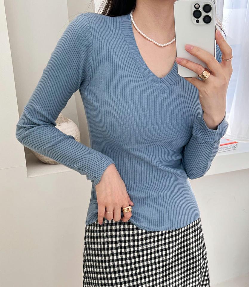 Vネックリブニット・全5色・t00219 レディース 【tops】トップス 長袖 ニット Vネック リブ 鎖骨 デコルテ シンプルニット 春 秋 冬 単色 無地 シンプル リブニット ベーシック オフィスカジュアル パステル きれいめ 韓国ファッション ハイホリHIHOLLI