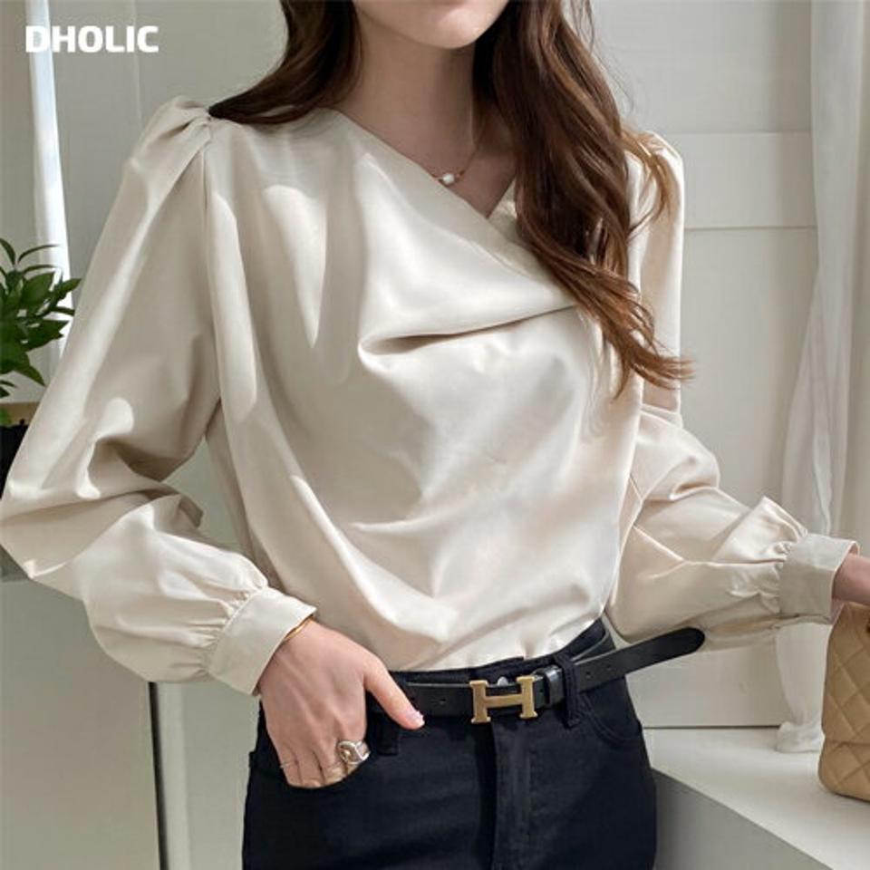 ドレープネックパフブラウス・全3色・t00217 レディース 【bl】トップス ブラウス ユニーク 長袖 鎖骨 デコルテ見せ 春 秋 冬 パフスリーブ ドレープネックオフィスカジュアル 無地 単色 きれいめ 大人っぽ 上品 韓国ファッション ハイホリHIHOLLI