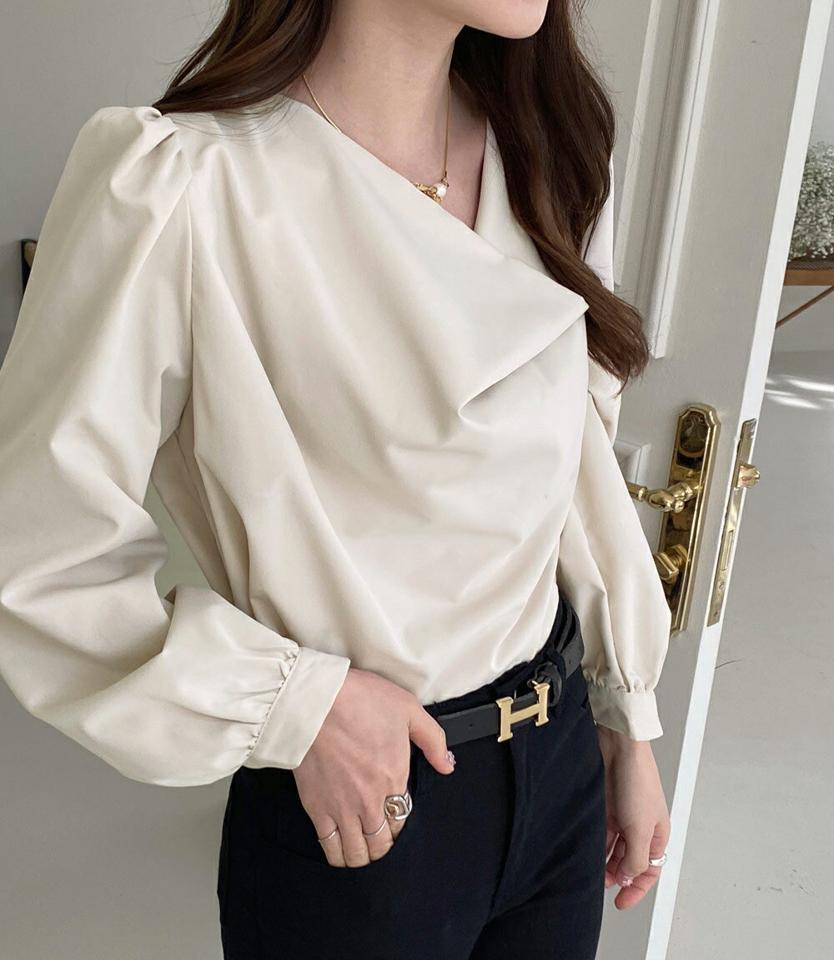 ドレープネックパフブラウス・全3色・t00217 レディース 【bl】トップス ブラウス ユニーク 長袖 鎖骨 デコルテ見せ 春 秋 冬 パフスリーブ ドレープネックオフィスカジュアル 無地 単色 きれいめ 大人っぽ 上品 韓国ファッション ハイホリHIHOLLI