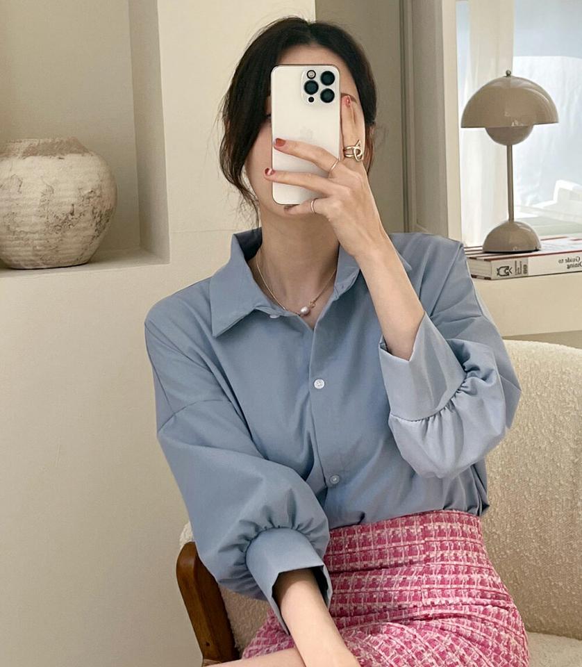 7分袖オーバーフィットシャツ・全4色・t00214 レディース 【bl】トップス シャツ 七分袖 無地 単色 シンプル ベーシック 襟 オーバーフィット 春 秋 冬 デコルテ見せ 鎖骨 パステル きれいめ 大人っぽ 上品 韓国ファッション ハイホリHIHOLLI