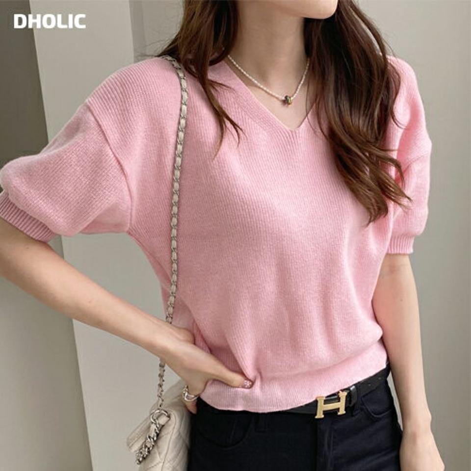 Vネックパフ半袖ニット・全6色・t00220 レディース 【tops】トップス ニット 半袖 Vネック パステル 鎖骨 デコルテ見せ 単色 シンプル カラーニット シンプルニット カラーアイテム 無地 肩落ち パフスリーブ 春 夏 きれいめ カジュアル 韓国ファッション ハイホリHIHOLLI