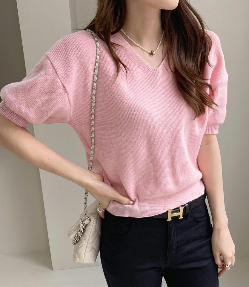 Vネックパフ半袖ニット・全6色・t00220 レディース 【tops】トップス ニット 半袖 Vネック パステル 鎖骨 デコルテ見せ 単色 シンプル カラーニット シンプルニット カラーアイテム 無地 肩落ち パフスリーブ 春 夏 きれいめ カジュアル 韓国ファッション ハイホリHIHOLLI