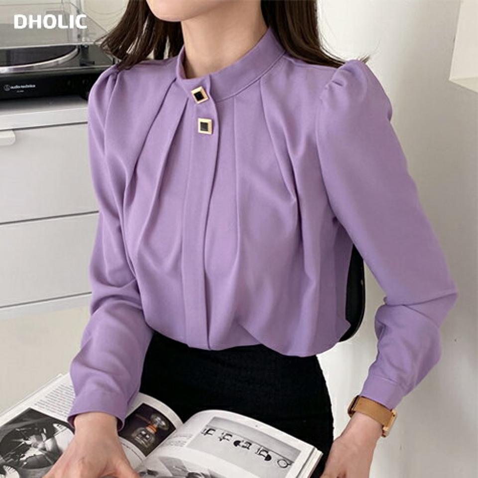 【15%OFF】スクエアボタンタックブラウス・全3色・b00215 レディース 【bl】トップス ブラウス 長袖 単色 無地 秋 冬 パステル スクエア ボタン ギャザー ハーフネック オフィスカジュアル きれいめ 大人っぽ かっちり 上品 韓国ファッション ハイホリHIHOLLI blセール