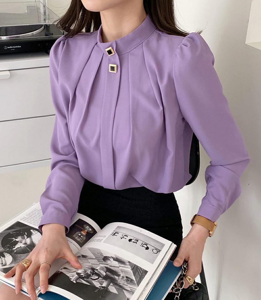 【15%OFF】スクエアボタンタックブラウス・全3色・b00215 レディース 【bl】トップス ブラウス 長袖 単色 無地 秋 冬 パステル スクエア ボタン ギャザー ハーフネック オフィスカジュアル きれいめ 大人っぽ かっちり 上品 韓国ファッション ハイホリHIHOLLI blセール