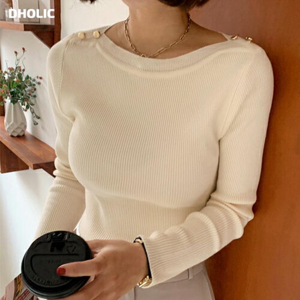 【タイム特価】ショルダーボタンボートネックニット・全3色・t66306 レディース 【tops】韓国ファッション トップス ニット 大人 長袖 ボートネック ショルダーボタン スリム 異素材 シンプル フェミニン カジュアル デイリー 春 秋 冬 【TS】セール