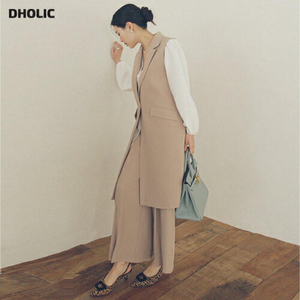 【送料無料】ロングベスト&ボタンポイントタックスラックスSET・全3色・b00185 レディース 【pt】セットアップ setup ベスト ロングベスト レイヤード パンツ スラックス ロングパンツ 無地 シンプル 春 秋 韓国ファッション ハイホリHIHOLLI